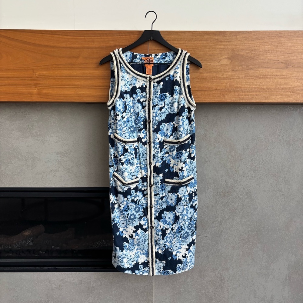 Tory Burch Navy and Light Blue Floral Sleeveless Mini Dress